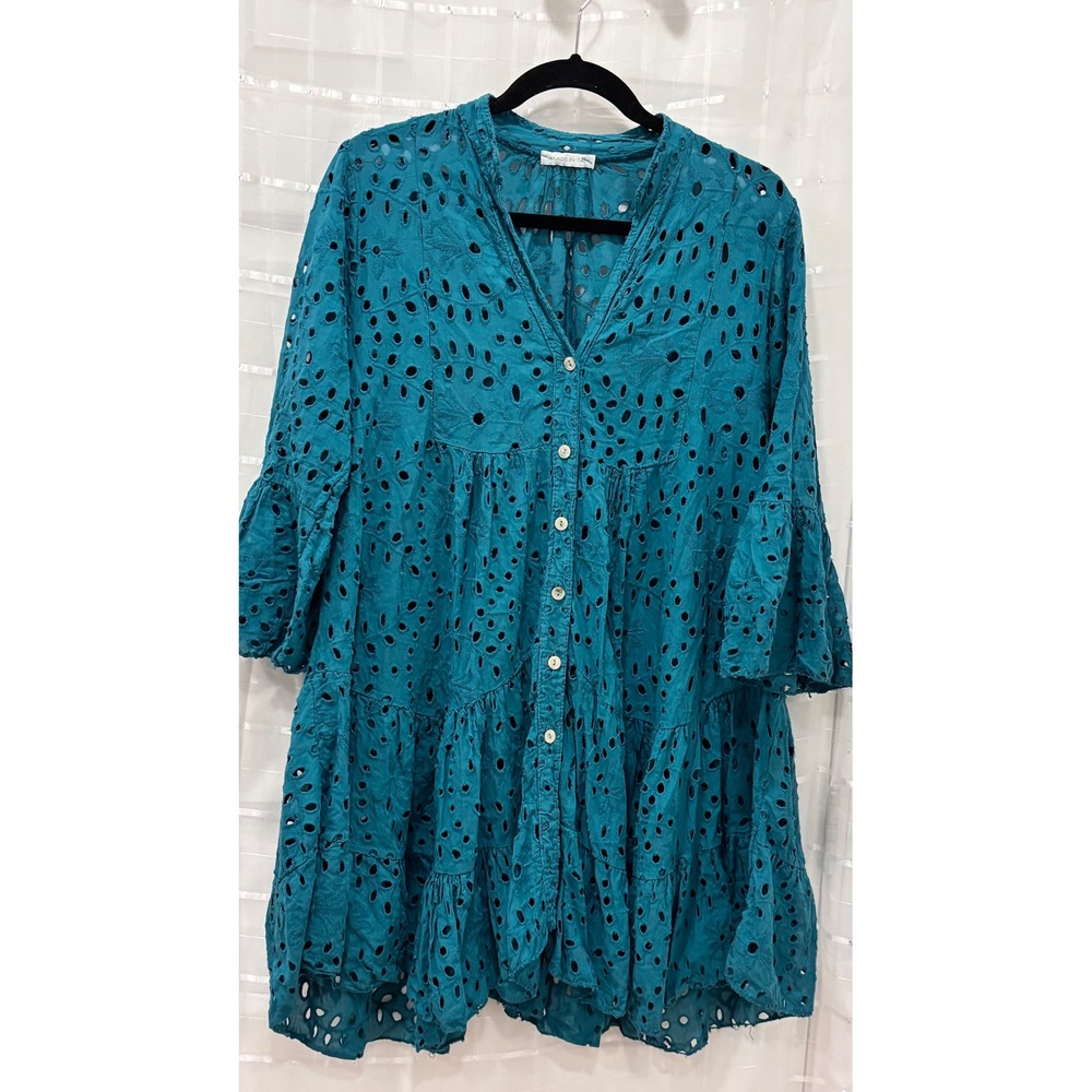 Made in Italy Teal Cotton Eyelet Tiered Tunic Top Bell Sleeve‎ Boho ART 10370